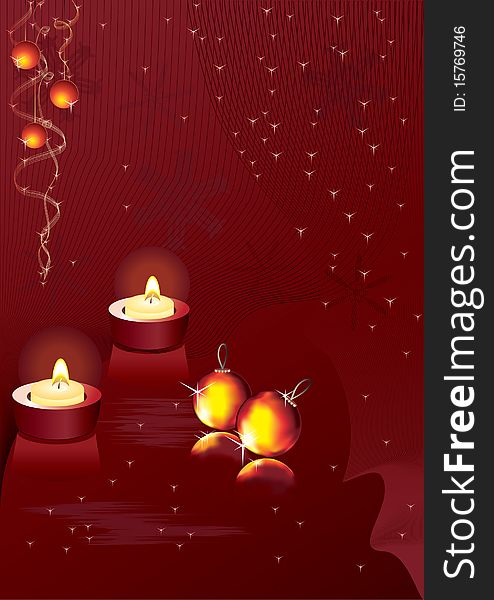 Two candles and christmas' balls on a red background. Two candles and christmas' balls on a red background