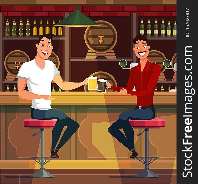 Young men drinking beer in pub vector illustration. Cheerful guy sitting at bar counter. Happy cartoon character holding glass of alcoholic beverage. Handsome caucasian man with pint beer glass