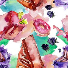 Tasty Cake In A Watercolor Style. Watercolour Illustration Set. Seamless Background Pattern. Royalty Free Stock Images Tasty Cake In A Watercolor Style. Watercolour Illustration Set. Seamless Background Pattern. Royalty Free Stock Images
