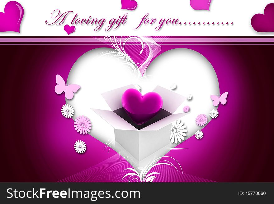 Digital illustration of heart gift box in color,
background