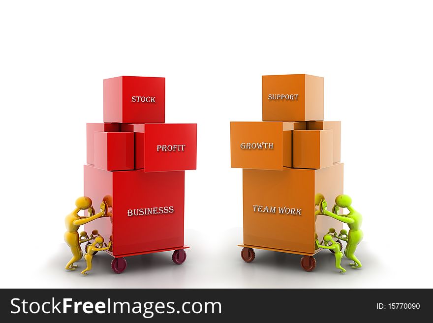 Person pushing a box - isolated over a white background. Teamwork Business concept