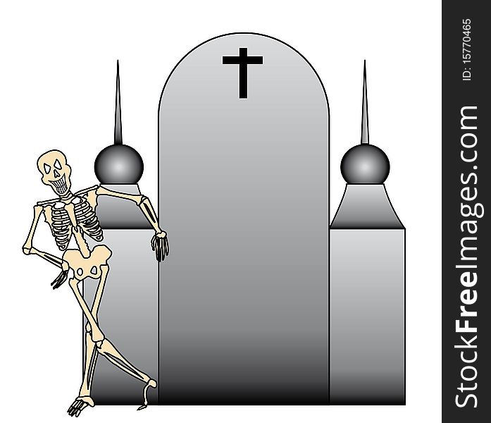 a tombstone with a funny skeleton on left side on white background this illustration could be used for invited card or for decoration
