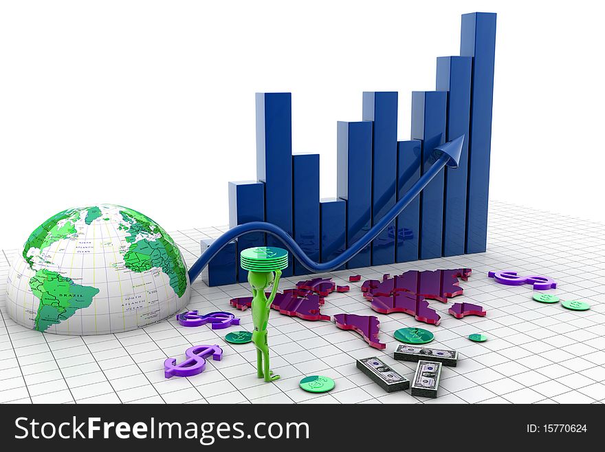 3d business graph with half earth and dollars