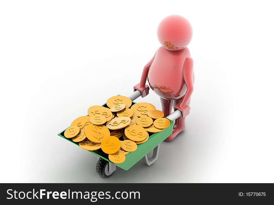 3d multi use Gold Coin In Wheelbarrow. Business growth and profit