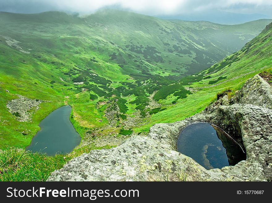 Alpine lake in a green valley