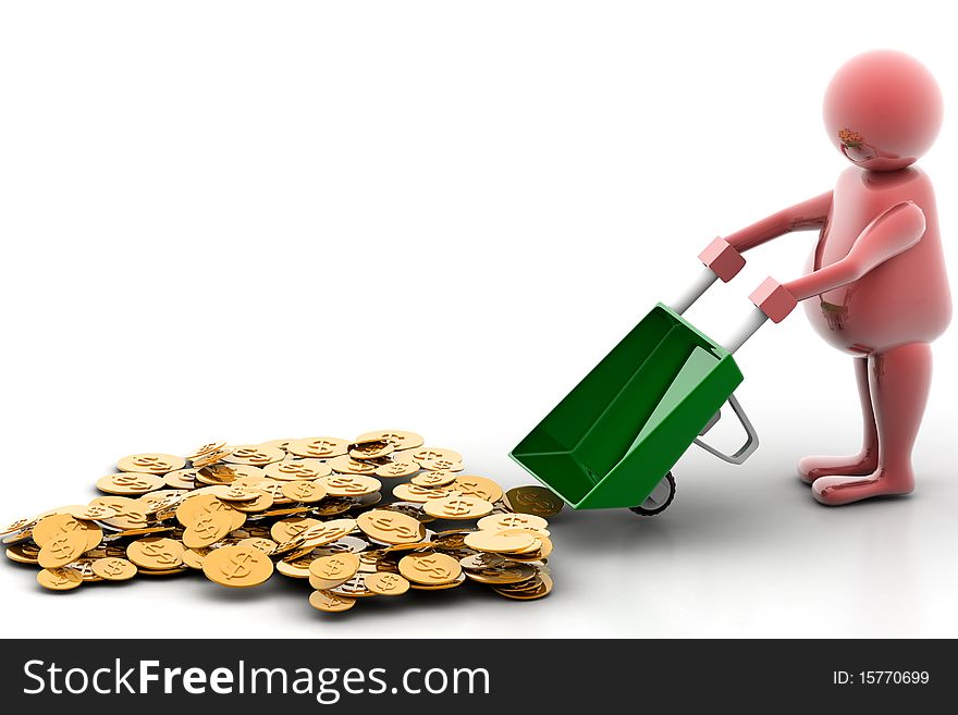 3d multi use Gold Coin In Wheelbarrow. Business growth and profit