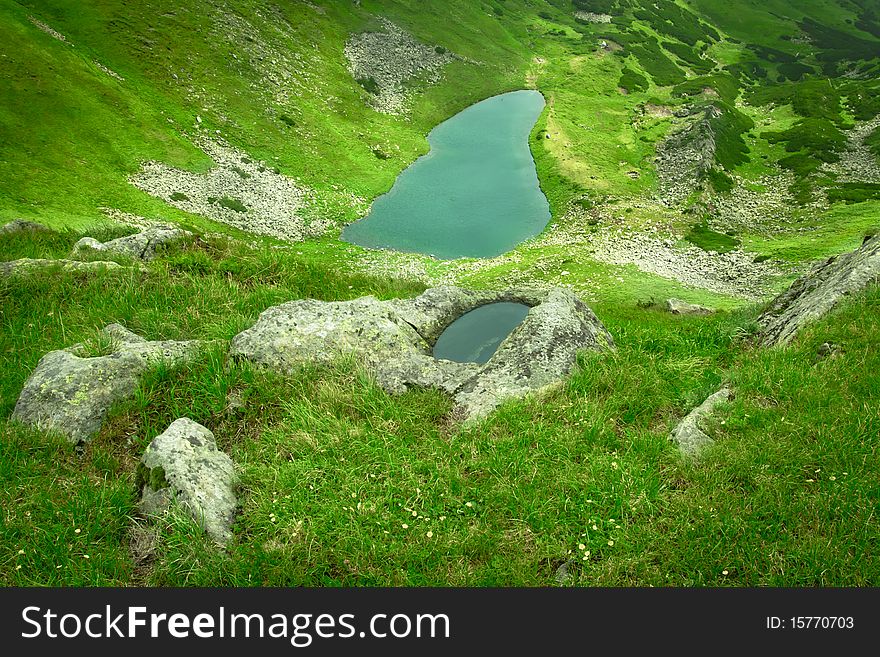 Alpine lake in a green valley