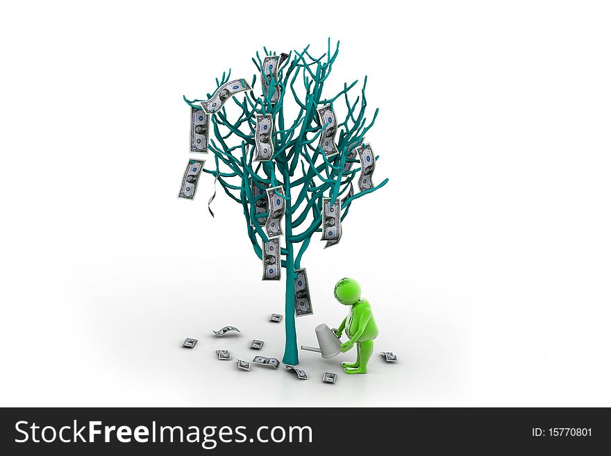 Man watering a dollar tree in white background. Conceptual 3d modeling. Man watering a dollar tree in white background. Conceptual 3d modeling