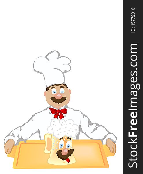 The vector illustration the cheerful cook holds a beer glass.