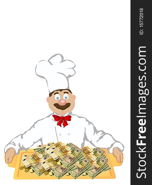 The photo the cheerful cook holds a tray with money .