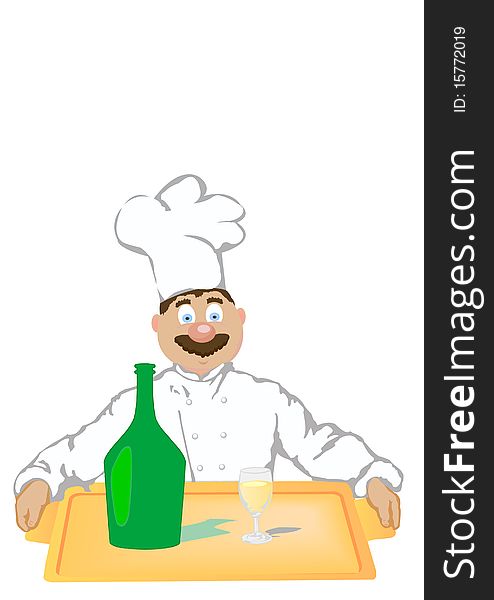 The vector illustration the cheerful cook holds a tray with a bottle and a champagne glass.