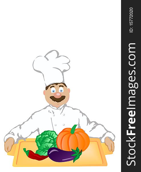 The vector illustration the cheerful cook holds a tray with vegetables.