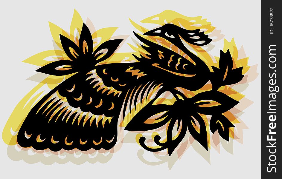 Illustration of a phoenix bird on a flowering branch. Illustration of a phoenix bird on a flowering branch