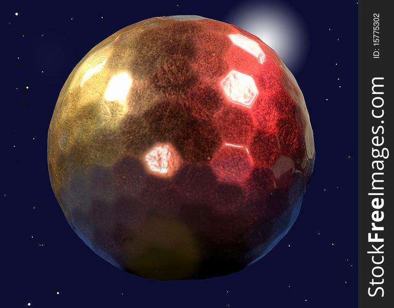 Metallic red and golden sphere on a dark blue starry background with a sun emerging from the upper right. Metallic red and golden sphere on a dark blue starry background with a sun emerging from the upper right.