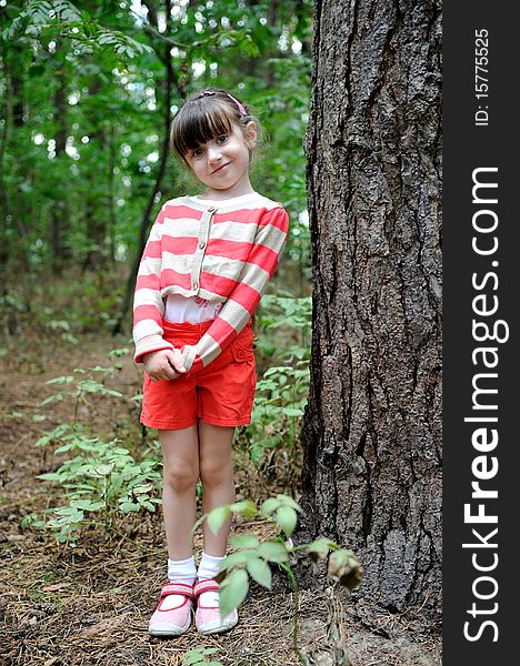 Nice toddler girl in cute shorts and stripe sweater in the forest