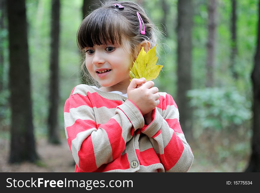 Nice toddler girl in cute shorts and stripe sweater in the forest with yellow leave. Nice toddler girl in cute shorts and stripe sweater in the forest with yellow leave