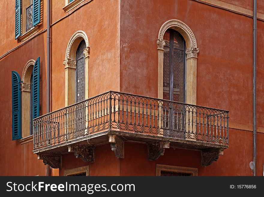 Verona, facade detail with balcony, Veneto, Italy