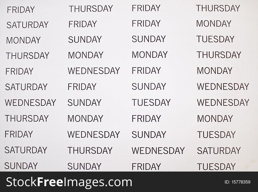 White background with names of days of week without any order. White background with names of days of week without any order