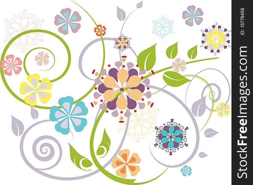 Natural  flowers modern ornament with many dilates on the white background. Color illustration. Natural  flowers modern ornament with many dilates on the white background. Color illustration.