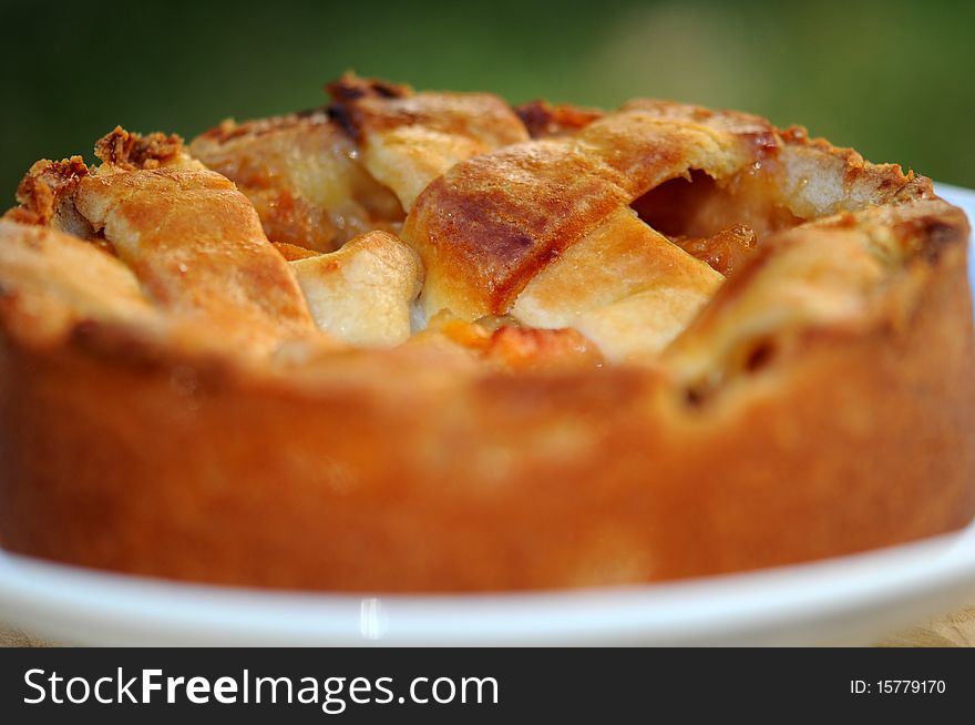 A tasty looking peach pie is ready to be served for dessert.