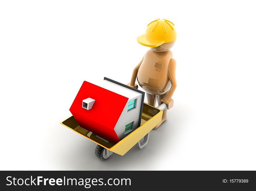 3D multi use construction worker with a wheelbarrow in white background