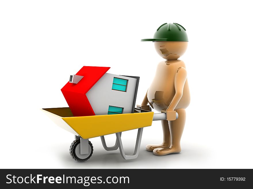 3D multi use construction worker with a wheelbarrow in white background