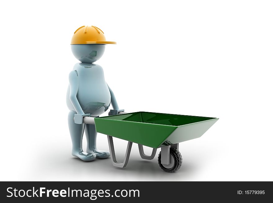 3D multi use construction worker with a wheelbarrow in white background