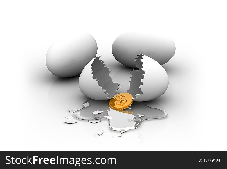 3d multi use broken egg with dollar coin in white background