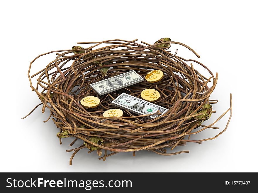 Dollar and coins in being protected in a nest. Conceptual design. Dollar and coins in being protected in a nest. Conceptual design