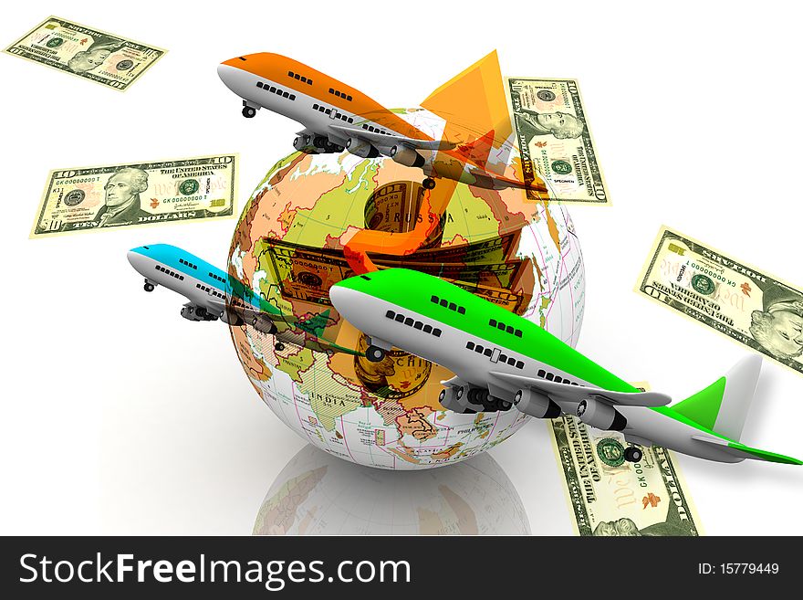 Air plane flying over the world currency