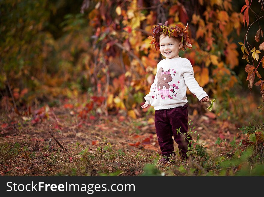 Autumn emotional portrait of little  girl. Pretty little girl with red grape leaves in autumn park. Autumn activities for children