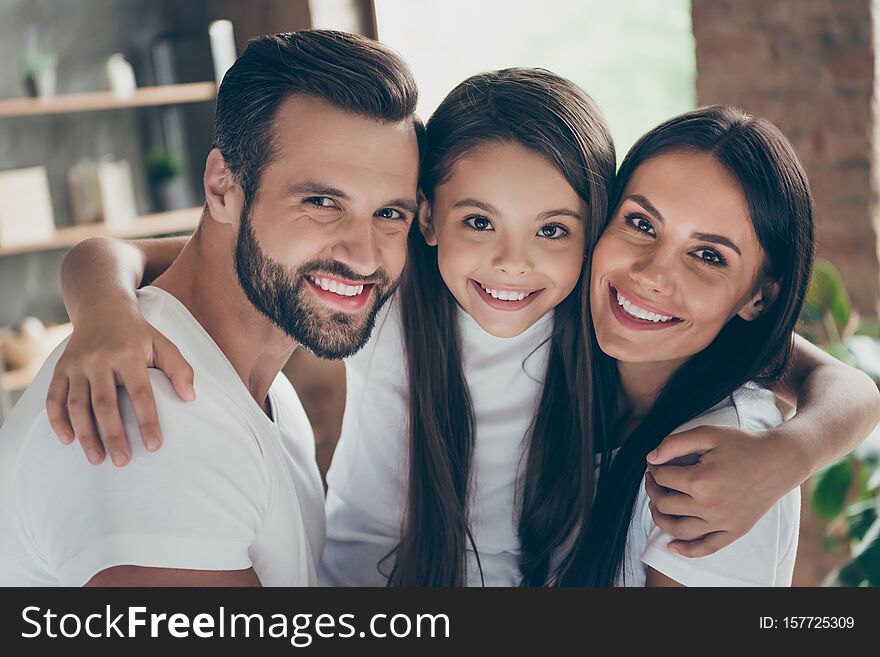 Close-up portrait of nice attractive lovely adorable affectionate gentle careful cheerful cheery family wearing casual