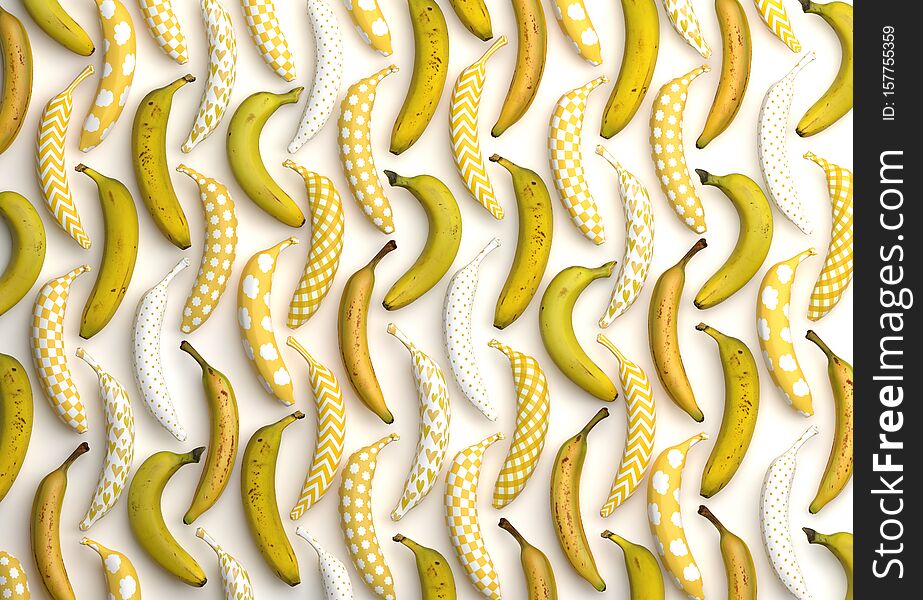 A Lot Of Yellow And Patterned Bananas. Bananas With A Funny Cartoon Coloring. Artwork Design. Creative Conceptual Composition. 3D