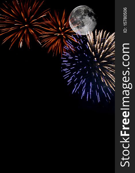 Fireworks with a full moon black background. Fireworks with a full moon black background
