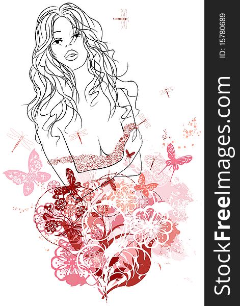 Vector illustration of a woman portrait in grunge floral background
