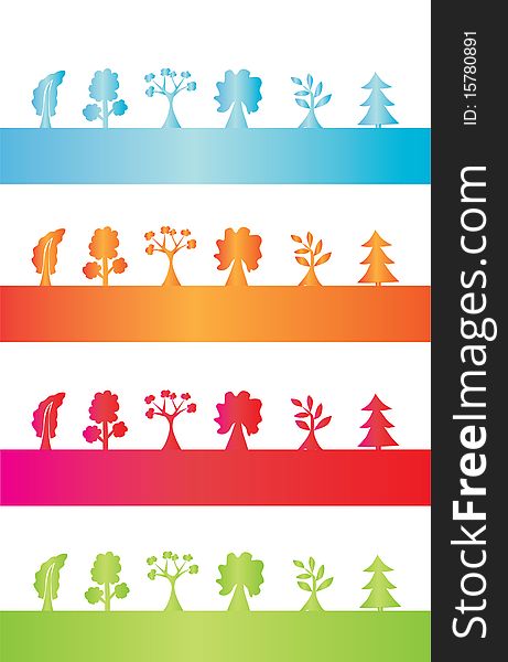 Set of abstract tree silhouettes, in four season colors