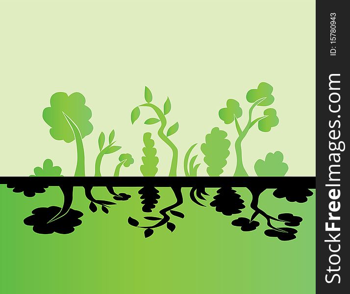 Trees and grass silhouettes in green colors, symbol of nature