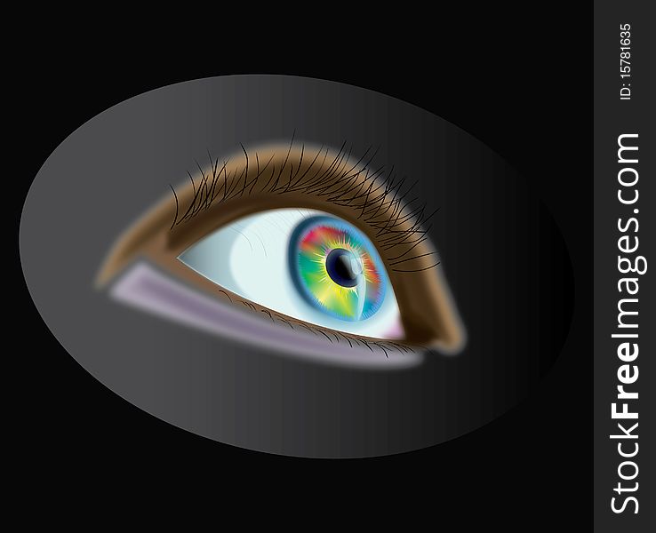 The iridescent human eye looks up