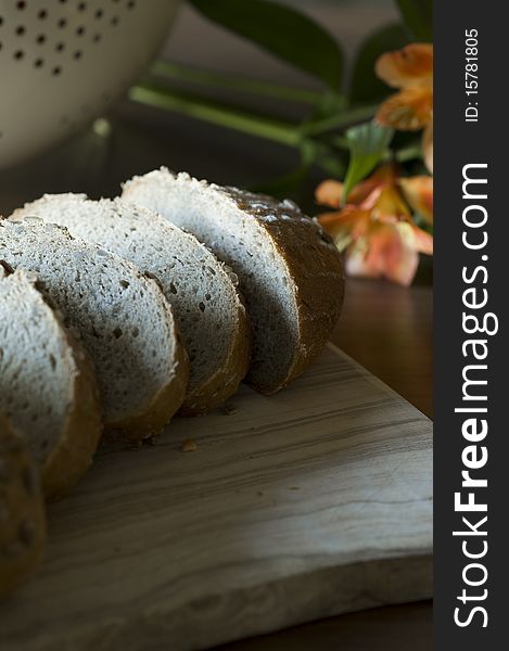 Bread on a wooden cutting board, at home