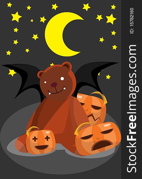 Image of a bear bat and pumpkin who is sleeping in Halloween night. Image of a bear bat and pumpkin who is sleeping in Halloween night.