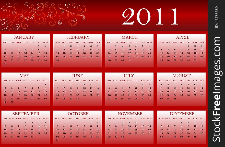 Calendar for 2011, weeks start from Monday. Calendar for 2011, weeks start from Monday