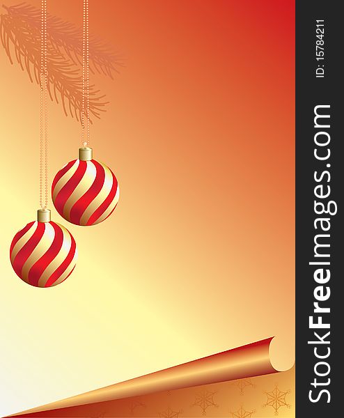 Two Christmas balls on a red background with wrapped up corner