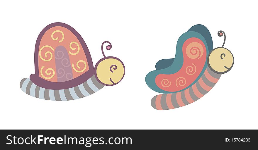 Set of stylized Cartoon Bug Illustrations - snail and butterfly with curly ornaments. Set of stylized Cartoon Bug Illustrations - snail and butterfly with curly ornaments