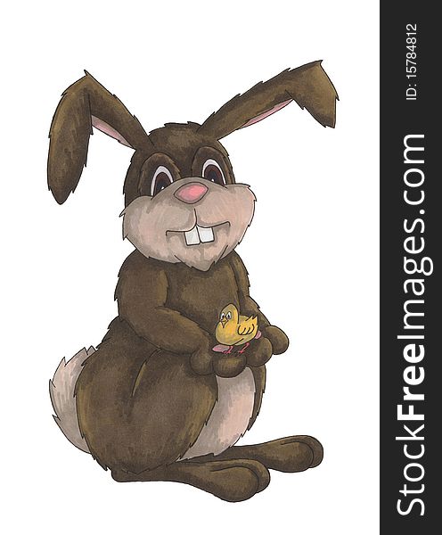 Hand drawn illustration of a bunny and a chick. Hand drawn illustration of a bunny and a chick