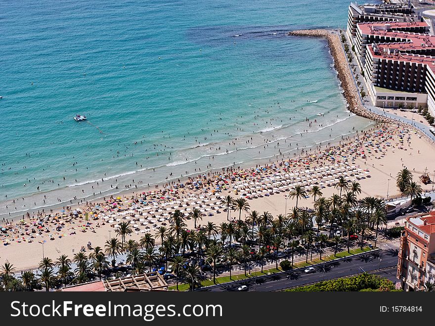 Beach and Hotel at Alicante, Spain, from the Castillo de Santa Barbara