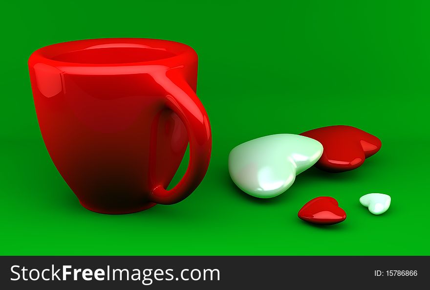 3D red cup and hearts on a green background