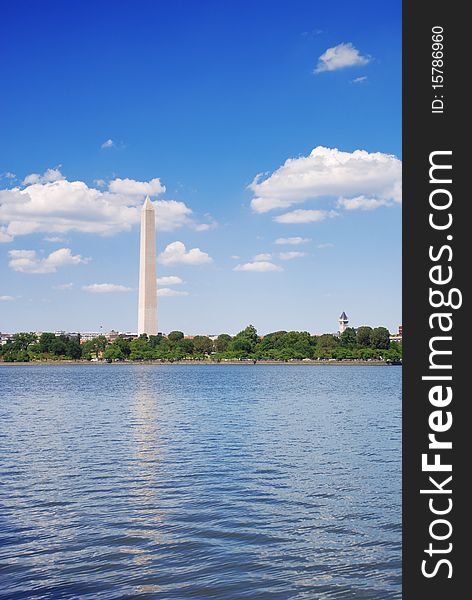 A photo of the Washington Monument over the Tidal Basin water reservoir in the city of Washington D.C.