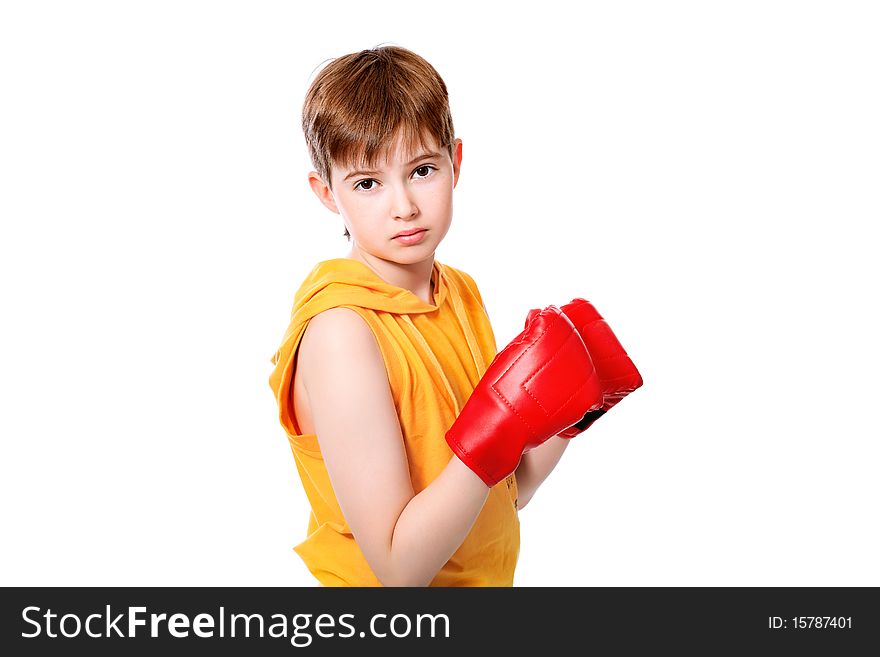 Portrait of a cute sporty boy in boxing gloves. Isolated over white background. Portrait of a cute sporty boy in boxing gloves. Isolated over white background.