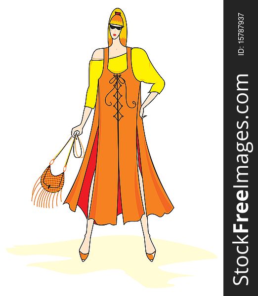Vector drawing of a young woman in fashionable summer vintage clothing. Vector drawing of a young woman in fashionable summer vintage clothing.