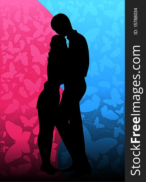 Silhouette of lovers on a background with butterflies. Silhouette of lovers on a background with butterflies